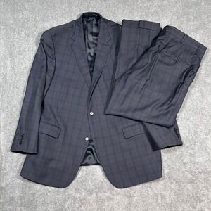 Hart Schaffner Marx Suit Wool Windowpane Plaid Navy Blue 2Piece Jacket 48R 41x29